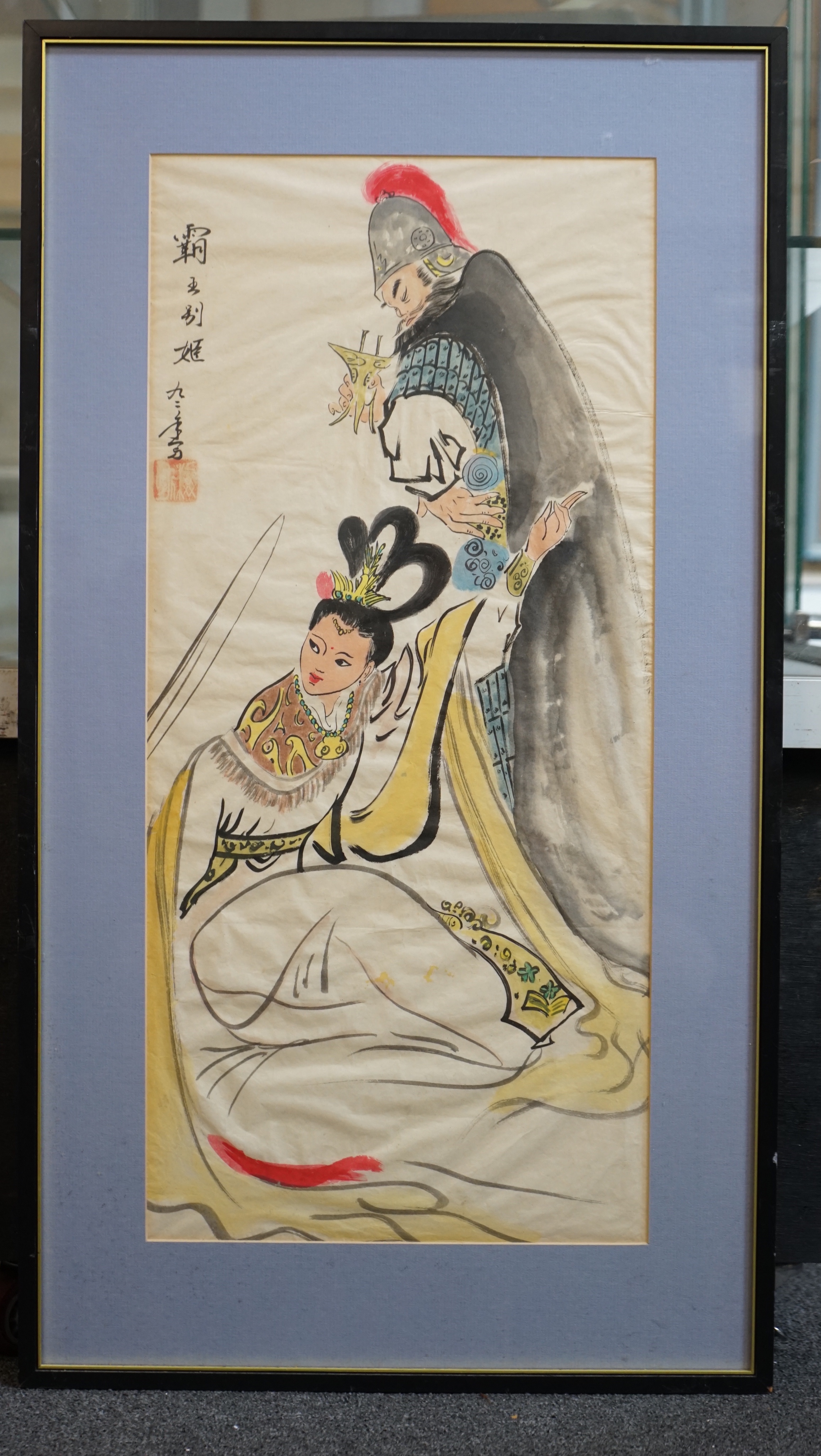 Chinese School, watercolour on paper, Warrior and princess, signed, 62 x 29cm